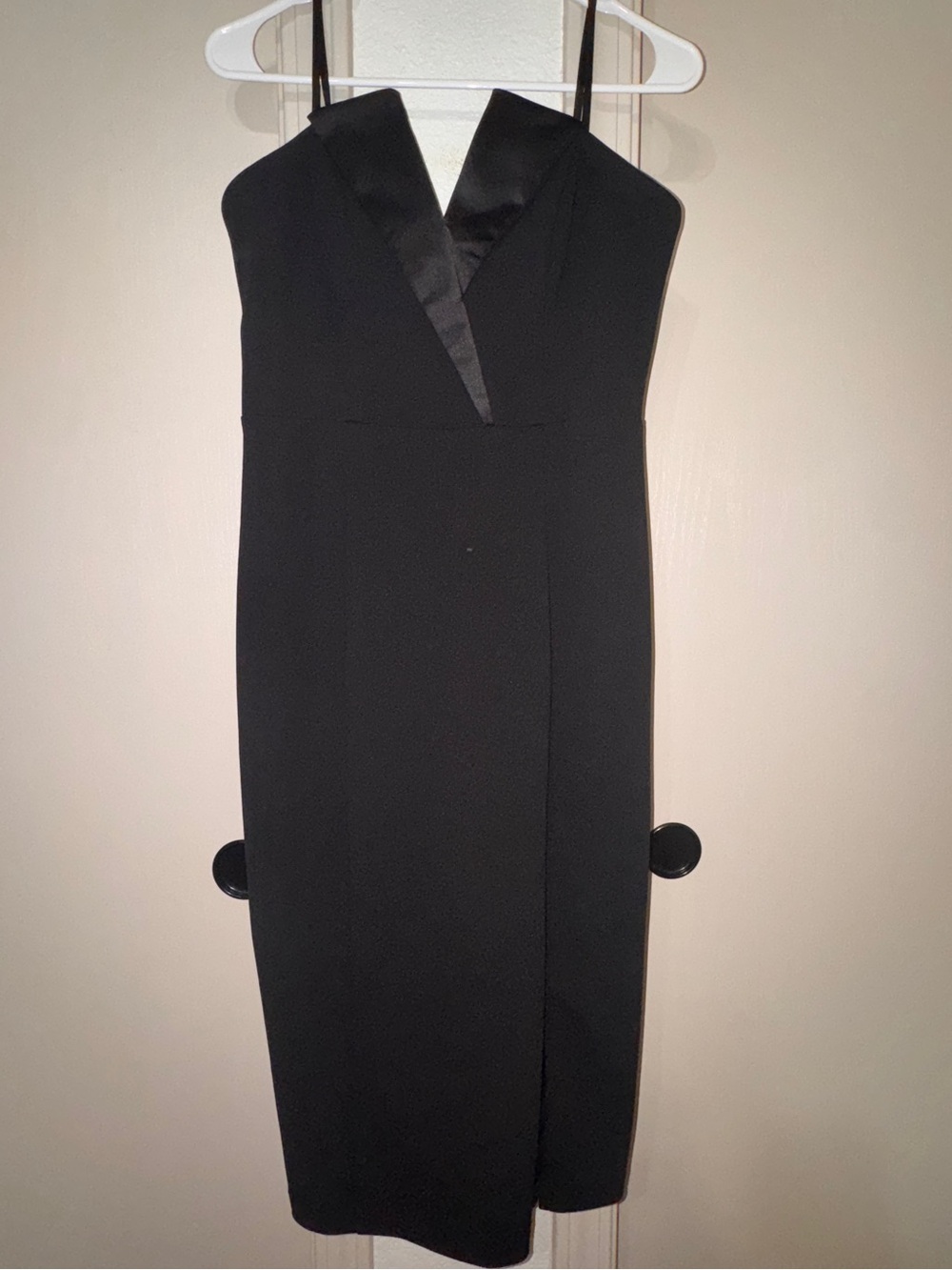 Betsy & Adam tuxedo strapless knee length dress with slit
